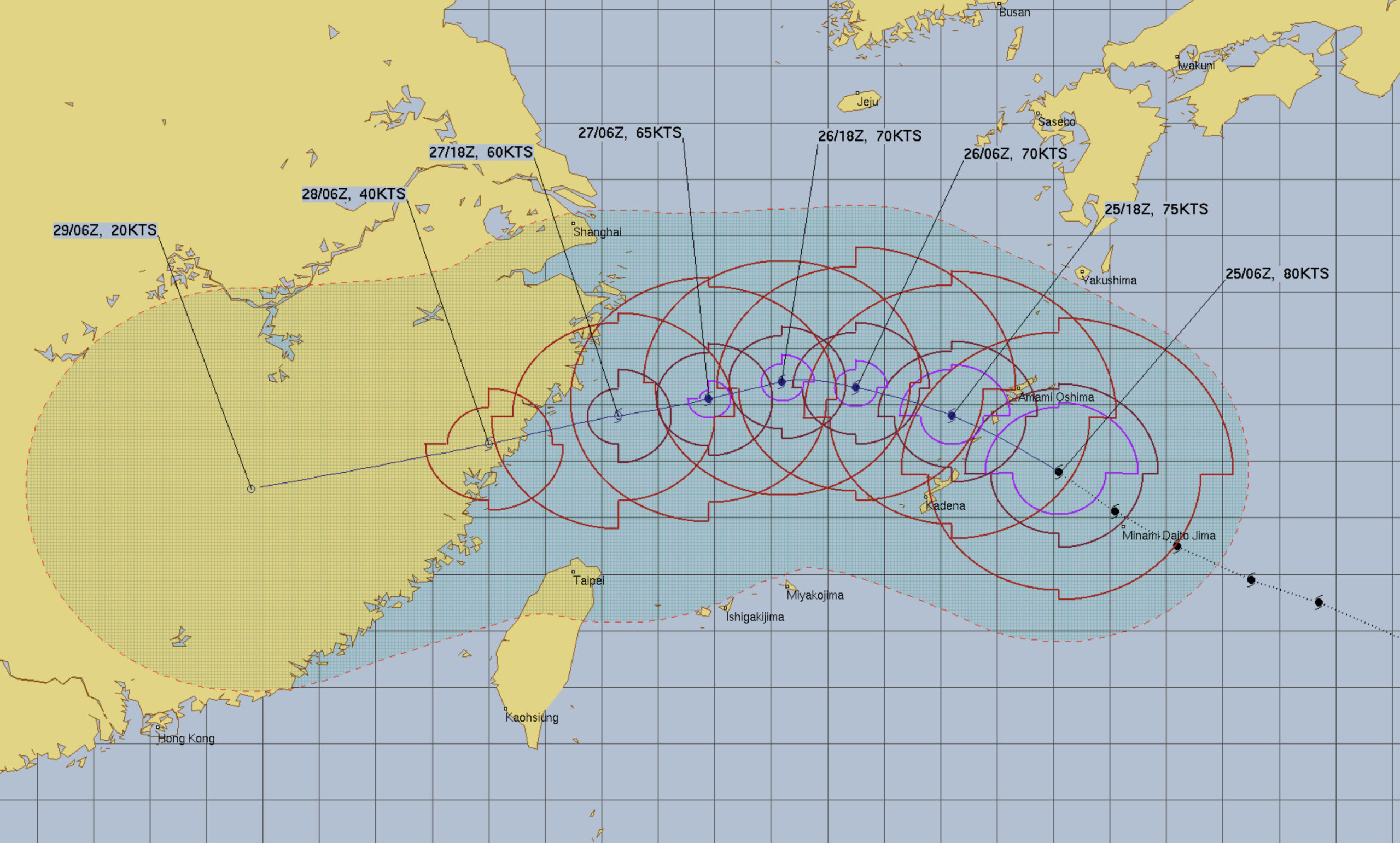 JTWC(米軍)による台風進路の予測 2026年8月25日 20:00時点