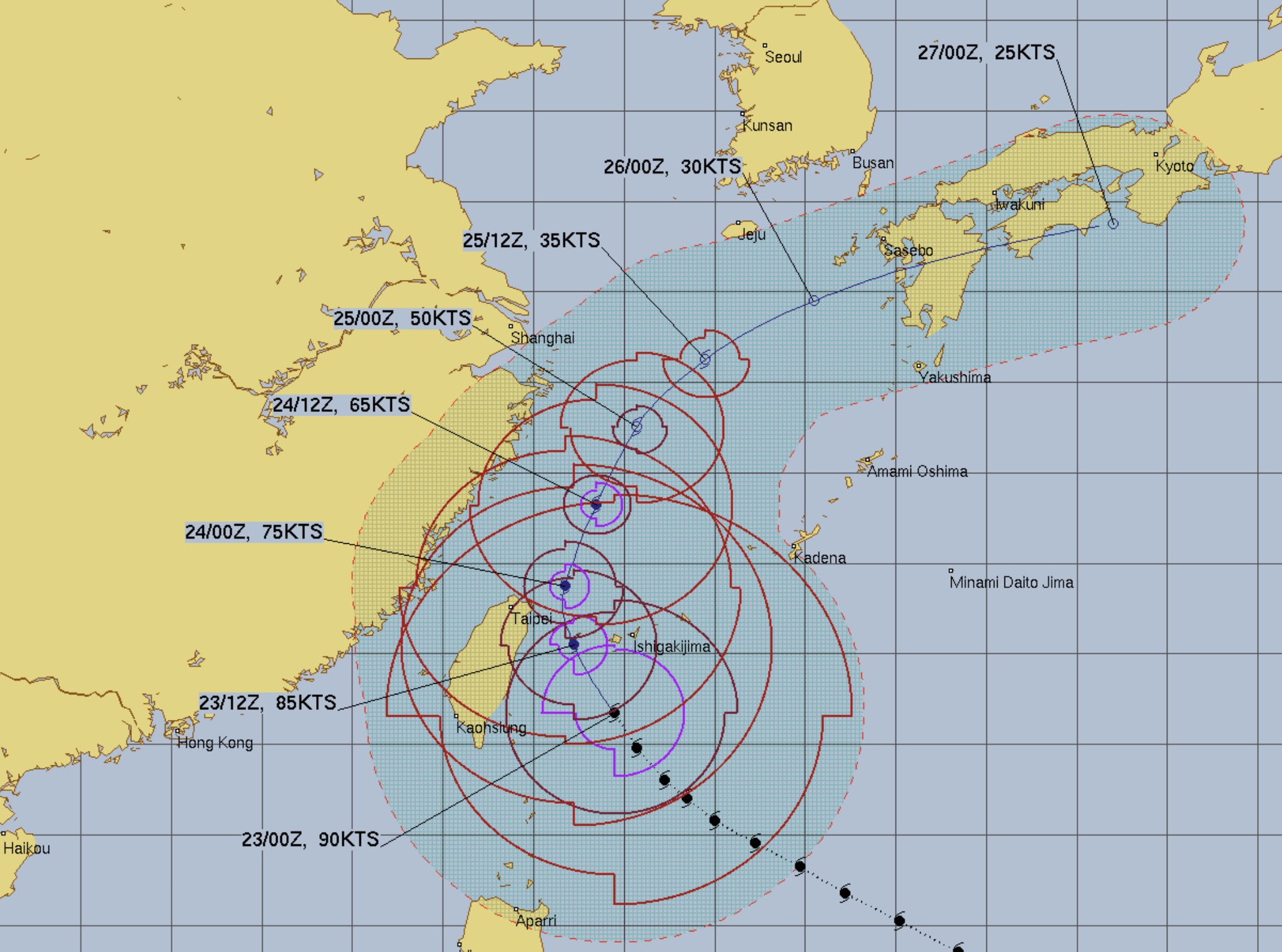 JTWC(米軍)による台風進路の予測 2026年10月23日 16:00時点