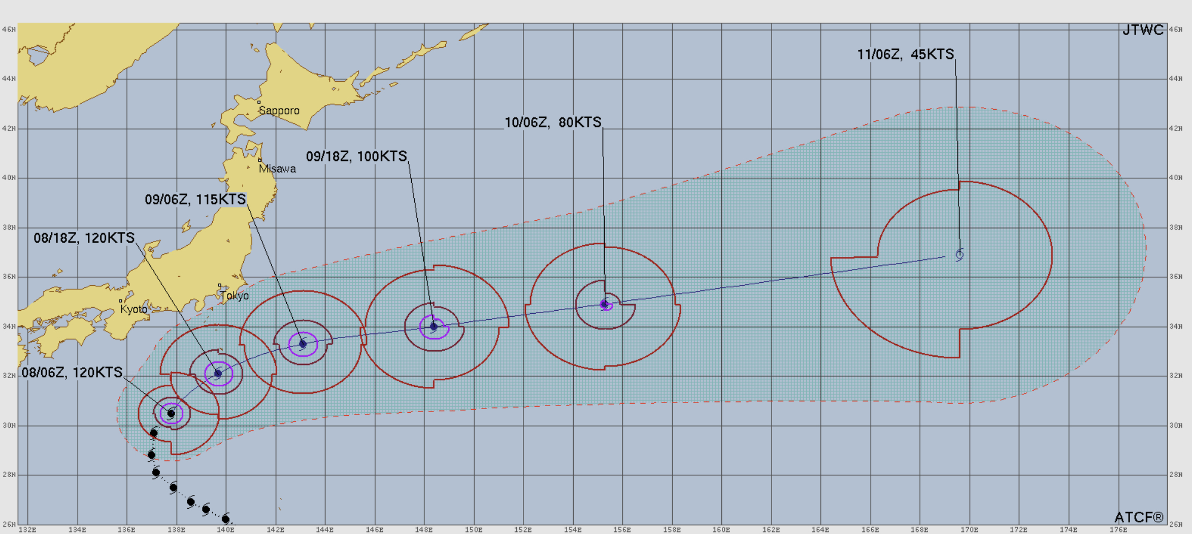 JTWC(米軍)による台風進路の予測 2025年10月8日 20:00時点